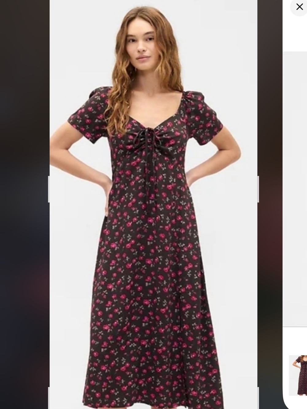 NWT GAP puff Sleeve Midi Dress with - Brown with Pink Floral Print and Tie Front